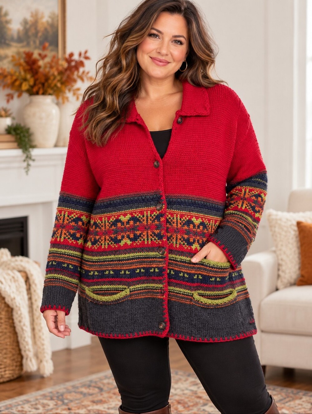Vintage 90s Valerie Stevens II 1X Wool Fair Isle Cardigan Sweater